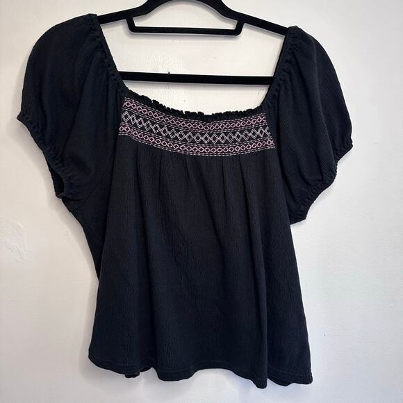 madewell black textured knit embroidered puff sleeve square neck top size medium - Picture 2 of 6